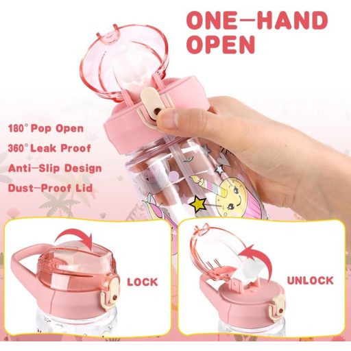 flintronic Gyermek Kulacs 500ml - BPA-mentes Szívószálas Ivópalack Szivárgásmentes Fedéllel, Rózsaszín Sportpalack Iskolába, Kiránduláshoz