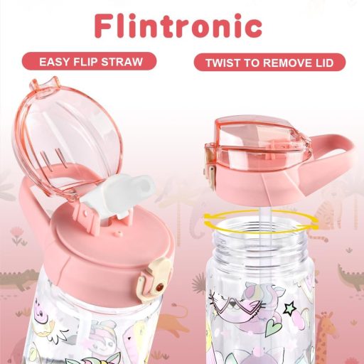 flintronic Gyermek Kulacs 500ml - BPA-mentes Szívószálas Ivópalack Szivárgásmentes Fedéllel, Rózsaszín Sportpalack Iskolába, Kiránduláshoz