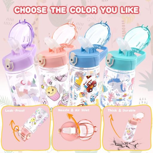 flintronic Sticlă de apă pentru copii 500ml - Bidon cu pai fără BPA, capac etanș, sticlă sport roz pentru școală, excursii