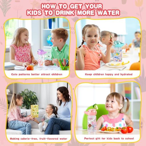 flintronic Gyermek Kulacs 500ml - BPA-mentes Szívószálas Ivópalack Szivárgásmentes Fedéllel, Rózsaszín Sportpalack Iskolába, Kiránduláshoz