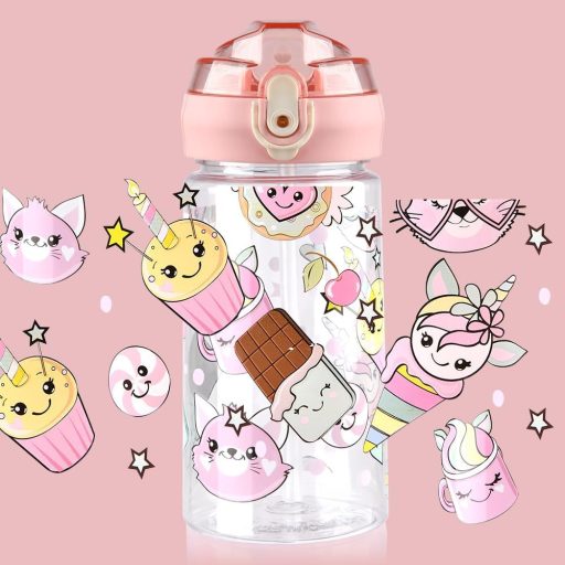 flintronic Sticlă de apă pentru copii 500ml - Bidon cu pai fără BPA, capac etanș, sticlă sport roz pentru școală, excursii