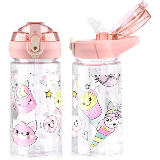 flintronic Gyermek Kulacs 500ml - BPA-mentes Szívószálas Ivópalack Szivárgásmentes Fedéllel, Rózsaszín Sportpalack Iskolába, Kiránduláshoz