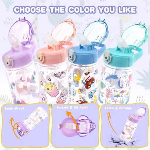 flintronic 500ml Gyerek Ivópalack Szívószállal, BPA-Mentes Sportpalack Lányoknak és Fiúknak, Lila