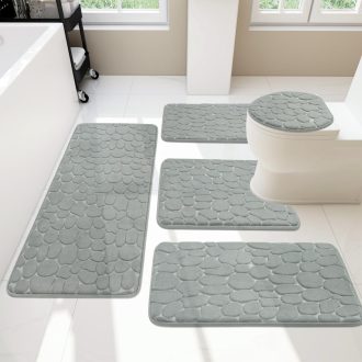   Chakme Memory Foam Fürdőszobaszőnyeg Szett 5 Részes - Kavics Mintázatú, Csúszásmentes, Nedvszívó, Mosható Fürdőszoba Szőnyeg, Világosszürke