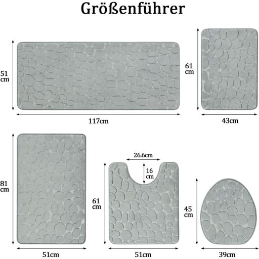 Chakme Memory Foam Fürdőszobaszőnyeg Szett 5 Részes - Kavics Mintázatú, Csúszásmentes, Nedvszívó, Mosható Fürdőszoba Szőnyeg, Világosszürke
