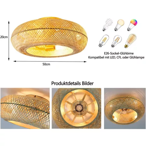 MiiR Bambusz Mennyezeti Ventilátor Lámpával, Távirányítóval, 6 Fokozat