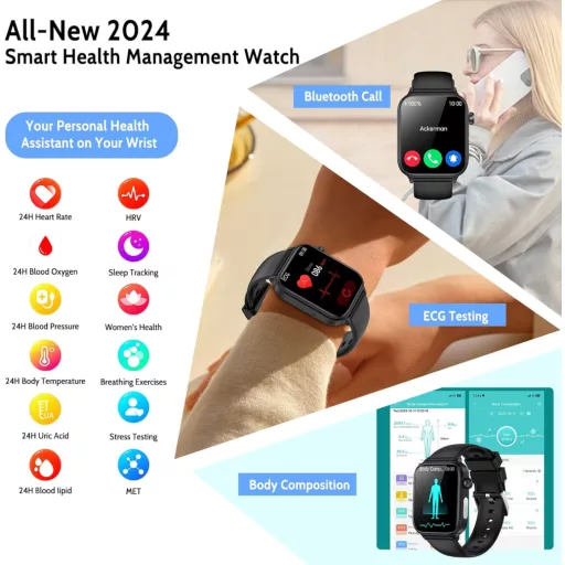 Marsyu ET570 Okosóra EKG Funkcióval - Vérnyomás, Testhőmérséklet, Pulzusmérő, Bluetooth Hívás, 1.96" HD Kijelző, IP68 Vízálló, 100+ Sportmód