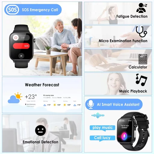 Marsyu ET570 Okosóra EKG Funkcióval - Vérnyomás, Testhőmérséklet, Pulzusmérő, Bluetooth Hívás, 1.96" HD Kijelző, IP68 Vízálló, 100+ Sportmód