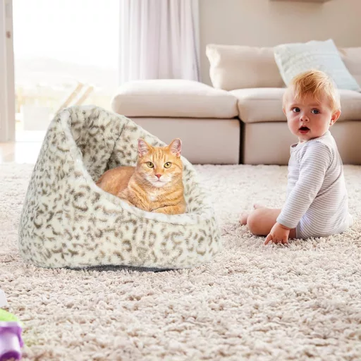 YITAHOME macskaagy mosható párnával, macskabarlang kiscicáknak, fehér-barna 43x41x35cm