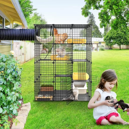 Cușcă pentru pisici YITAHOME cu 4 etaje - Kennel metalic de mari dimensiuni cu hamac, țarc de interior pentru animale de companie, pentru 1-4 pisici, asamblare fără unelte