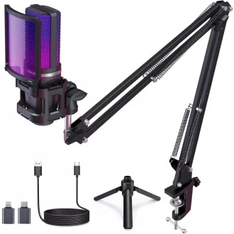   ZealSound USB herný mikrofón pre PC, Mac a iPhone s RGB LED podsvietením, funkciou stlmenia a stojanom s 2 adaptérmi
