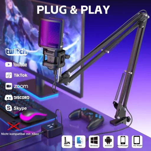 ZealSound USB herný mikrofón pre PC, Mac a iPhone s RGB LED podsvietením, funkciou stlmenia a stojanom s 2 adaptérmi