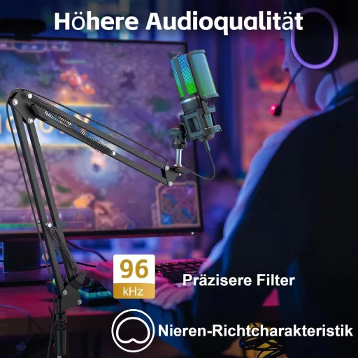 ZealSound USB herný mikrofón pre PC, Mac a iPhone s RGB LED podsvietením, funkciou stlmenia a stojanom s 2 adaptérmi