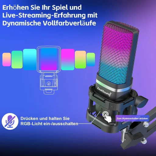 ZealSound USB herný mikrofón pre PC, Mac a iPhone s RGB LED podsvietením, funkciou stlmenia a stojanom s 2 adaptérmi