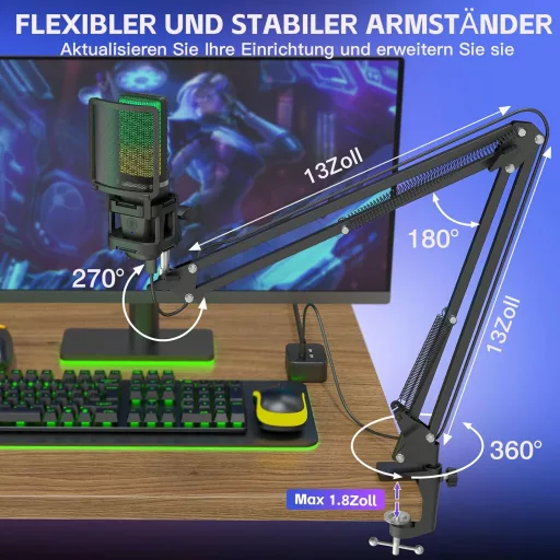 ZealSound USB herný mikrofón pre PC, Mac a iPhone s RGB LED podsvietením, funkciou stlmenia a stojanom s 2 adaptérmi