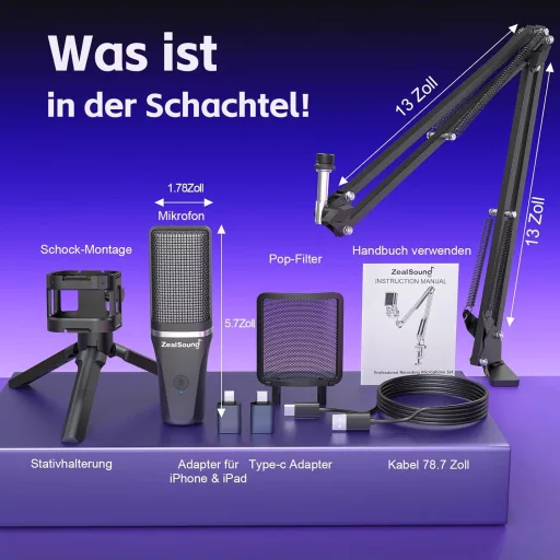 zealsound USB Gaming Mikrofon PC Mac iPhone RGB LED Némító Funkcióval 2 Adapter Állvánnyal