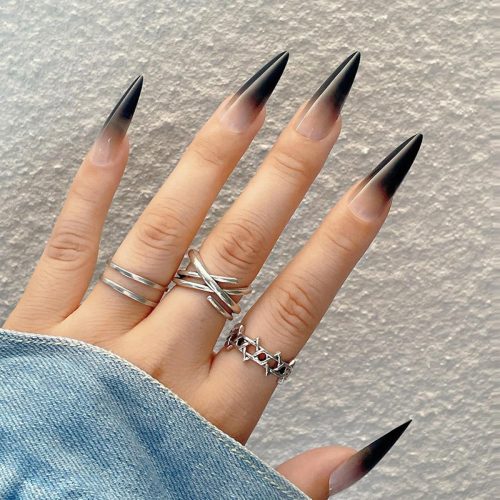 Unghii false Ruzister Extra Lungi, 24 buc - Set unghii false stiletto cu gradient negru, cu adeziv - Set unghii false acrilice ABS lucioase