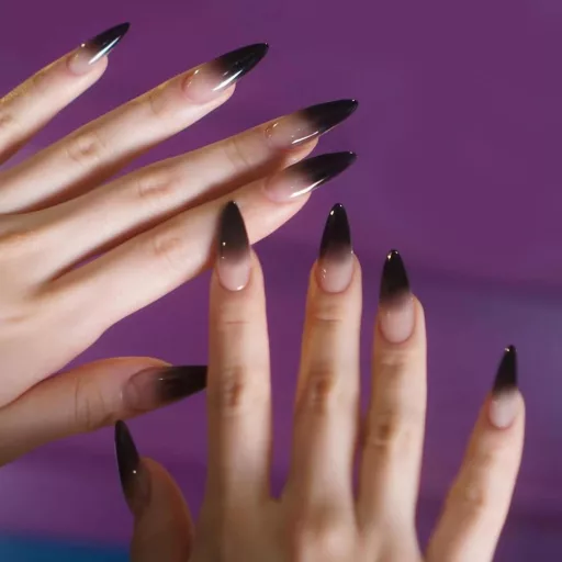 Ruzister Extra Dlhé Umelé Nechty 24 ks - Čierne Gradientné Stiletto Umelé Nechty Sada s Lepidlom - Lesklá ABS Akrylová Súprava Umelých Nechtov