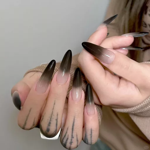 Ruzister Extra Dlhé Umelé Nechty 24 ks - Čierne Gradientné Stiletto Umelé Nechty Sada s Lepidlom - Lesklá ABS Akrylová Súprava Umelých Nechtov