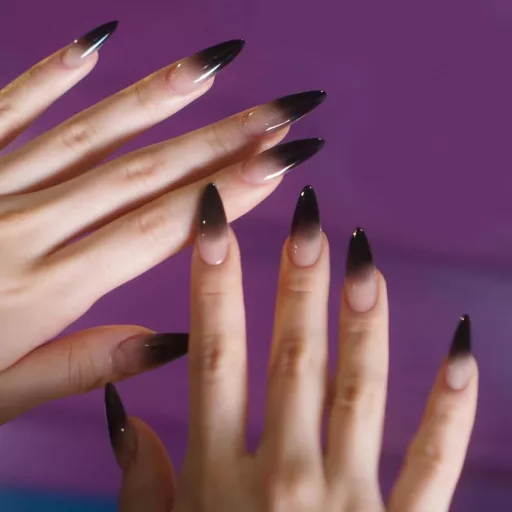 Ruzister Extra Hosszú Műkörmök 24 db - Fekete Színátmenetes Stiletto Műköröm Szett Ragasztóval - Fényes ABS Akril Műköröm Készlet