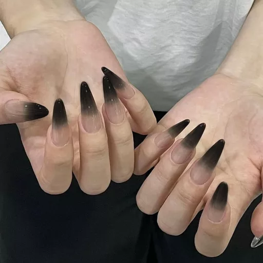 Ruzister Extra Hosszú Műkörmök 24 db - Fekete Színátmenetes Stiletto Műköröm Szett Ragasztóval - Fényes ABS Akril Műköröm Készlet