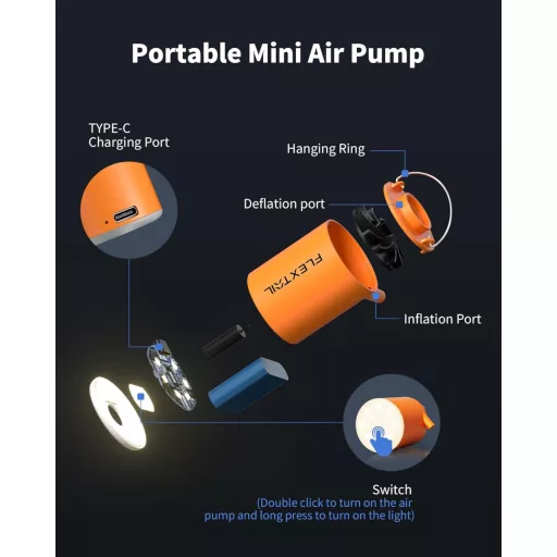 FlexTailGear Mini Pompă 2024: Pompă Electrică de Camping 4kPa pentru Umflat și Dezumflat, cu Lampă, USB