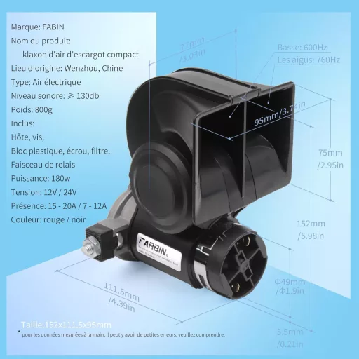 Claxon auto compact FARBIN 12V – 130dB, tip melc, cu releu și cablaj, cu comutator, pentru mașină/motocicletă/camion