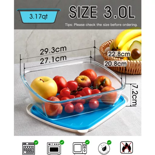 NUTRIUPS Üveg Sütőtál Fedővel 3L - 23x29 cm Téglalap Alakú Jénai Tál, Mikrohullámú Sütőben és Mosogatógépben Használható Lasagne Forma