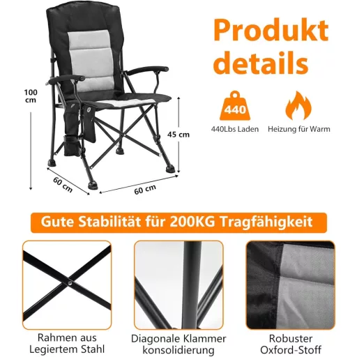 Meulbaty Fűthető Összecsukható Kemping Szék 200 kg Teherbírással - Dupla Fűtőzónás Hordozható Kerti Szék Pohártartóval, 3 Hőmérséklet Fokoza
