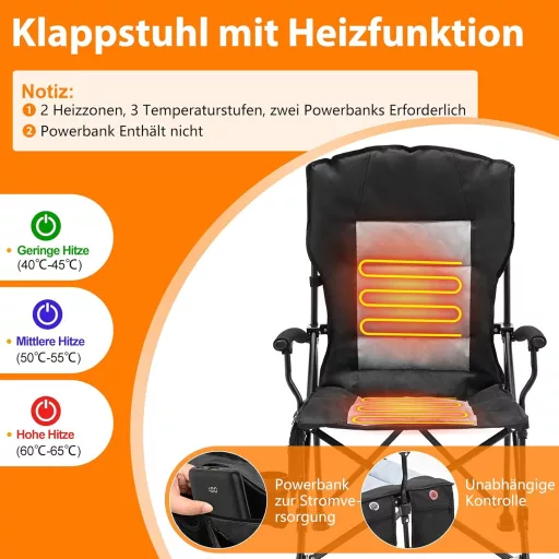 Meulbaty Fűthető Összecsukható Kemping Szék 200 kg Teherbírással - Dupla Fűtőzónás Hordozható Kerti Szék Pohártartóval, 3 Hőmérséklet Fokoza