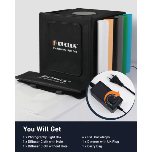 Skladací fotobox DUCLUS 50x50 cm s 216 LED diódami a 6 pozadiami