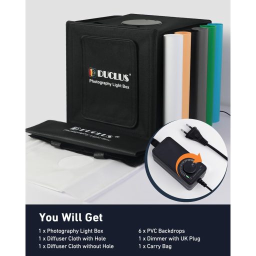 DUCLUS 50x50 cm összecsukható fotódoboz 216 LED világítással és 6 háttérrel