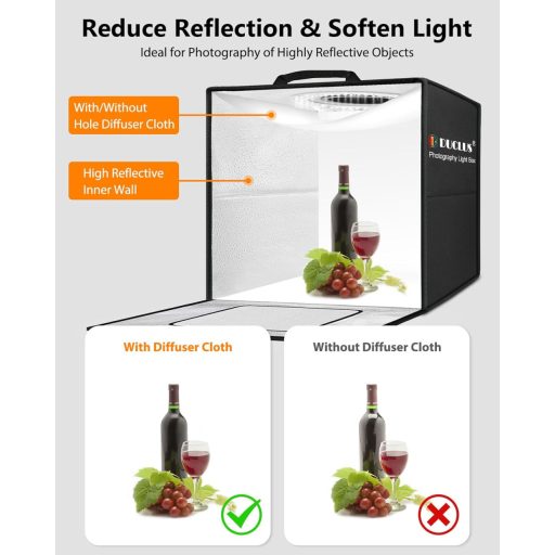 DUCLUS 50x50 cm összecsukható fotódoboz 216 LED világítással és 6 háttérrel