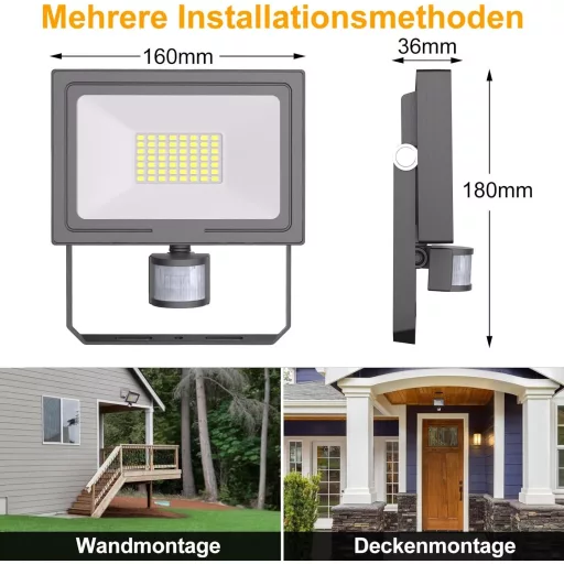 MEIKEE 50W LED Reflector cu Senzor de Mișcare - 4700LM, 6500K, Lampă de Exterior IP66 Impermeabilă pentru Grădină, Garaj, cu Cap Rotativ 360°, Negru