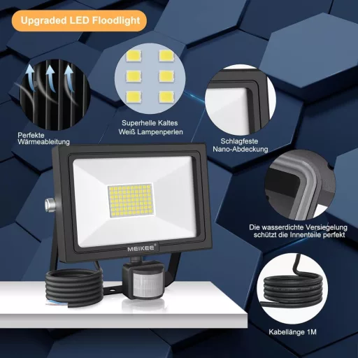 MEIKEE 50W LED Reflektor sa senzorom pokreta - 4700LM, 6500K, IP66 Vodootporna Vanjska Svjetiljka za Vrt, Garažu, s Glavom Rotirajućom 360°, Crna