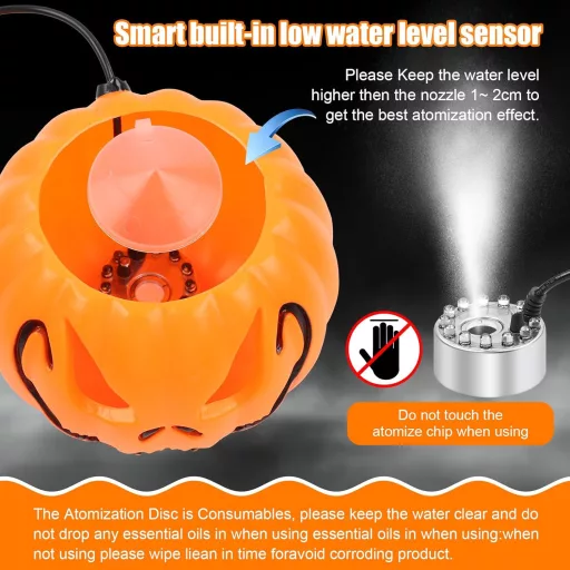 MaxEarn Generator de ceață cu 12 LED-uri - Umidificator dovleac de Halloween tricolor, generator de ceață cu ultrasunete cu protecție anti-stropire, decorațiune pentru iaz de grădină și fântână.