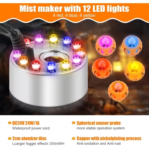 MaxEarn 12 LED-es Ködgenerátor - Háromszínű Halloween Tök Párásító, Ultrahangos Ködképző Fröccsenésgátlóval, Kerti Tó Szökőkút Dekoráció