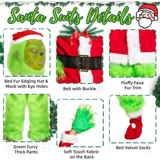 Claofoc 7 részes Mikulás jelmez szett zöld maszk Halloween karácsonyi farsang