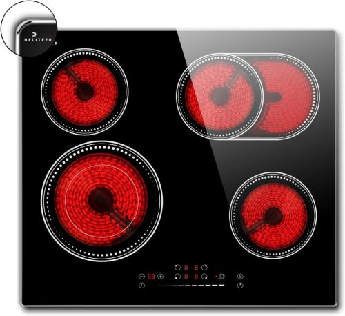 Plită vitroceramică DELITEER, 60 cm - 4 zone, 6600W, Control tactil, cu zonă dublă flexibilă și ovală, design încorporabil