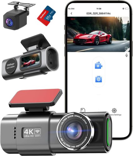 WeBeqer WiFi Autós Menetrögzítő Kamera 4K+1080P Felbontással, Első-Hátsó Kamera, 64GB SD Kártyával, 170°+140° Látószög, Éjjellátó, G-szenzor
