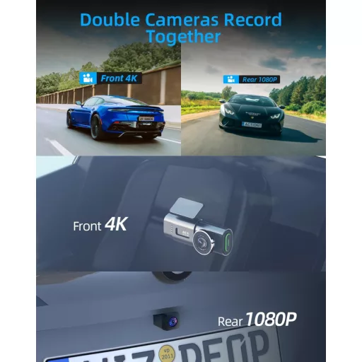 WeBeqer WiFi Autós Menetrögzítő Kamera 4K+1080P Felbontással, Első-Hátsó Kamera, 64GB SD Kártyával, 170°+140° Látószög, Éjjellátó, G-szenzor