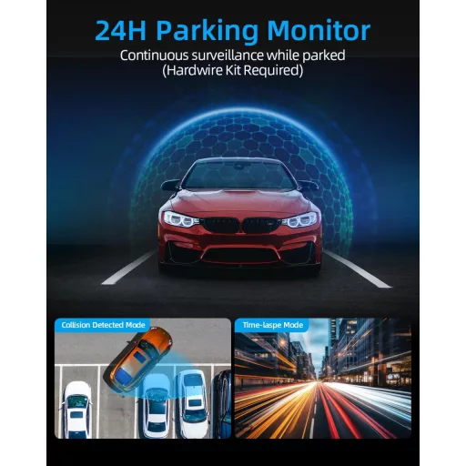 WeBeqer WiFi Autós Menetrögzítő Kamera 4K+1080P Felbontással, Első-Hátsó Kamera, 64GB SD Kártyával, 170°+140° Látószög, Éjjellátó, G-szenzor