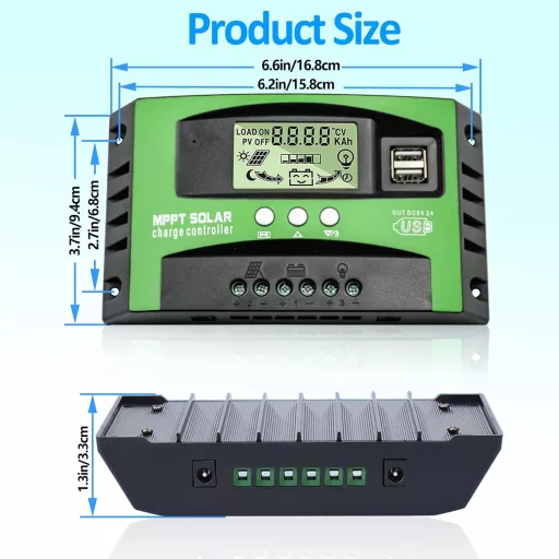 VIXKPIRR MPPT 30A Napelem Töltésvezérlő 12V/24V - LCD Kijelzővel, Hőmérséklet Érzékelővel, 2 USB Porttal, Ólom és Lítium Akkumulátorokhoz