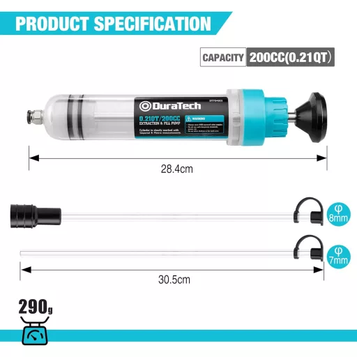 DURATECH Odsávačka oleja 200ml - Ručná pumpa s ukazovateľom hladiny, 284mm Plniaca pumpa oleja pre motorové, prevodové, diferenciálne oleje a chladiace kvapaliny