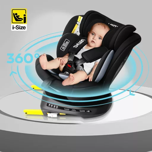 Scaun auto pentru copii LETTAS 360° Rotativ I-Size 40-150 cm, 0-36 kg, cu sistem de prindere ISOFIX, Standard ECE R129, de la 0 la 12 ani, Centură de siguranță în 5 puncte,