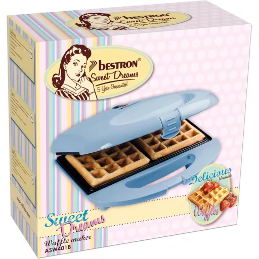 Bestron Brussels Retro Gofrisütő 2 Adag Belga Gofrihoz, Tapadásmentes Bevonat, Kék