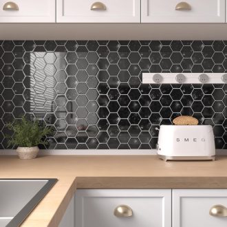   VEELIKE Šesťhranné mramorové čierne samolepiace obkladačky – vodotesný kuchynský a kúpeľňový stenový panel, 30,5 x 30,5 cm, 6 ks