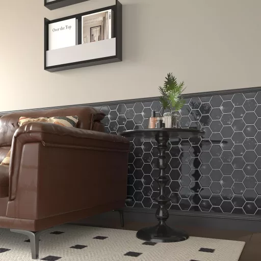 VEELIKE Šesterokutne Mramorne Crne Samoljepljive Naljepnice za Pločice - Vodootporni Zidni Paneli za Kuhinju i Kupaonicu, 30,5 x 30,5 cm, 6 komada