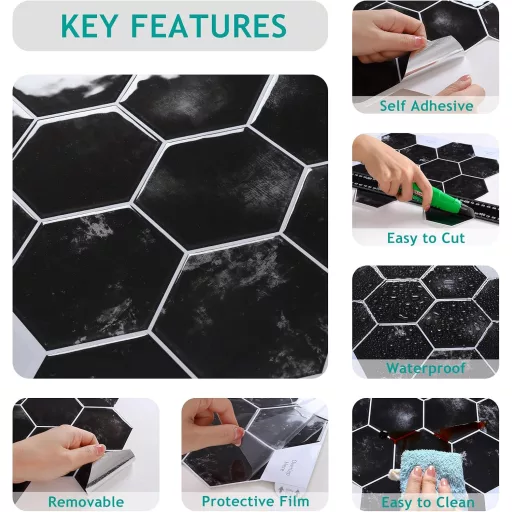 VEELIKE Šesterokutne Mramorne Crne Samoljepljive Naljepnice za Pločice - Vodootporni Zidni Paneli za Kuhinju i Kupaonicu, 30,5 x 30,5 cm, 6 komada