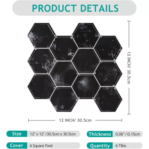 VEELIKE Šesterokutne Mramorne Crne Samoljepljive Naljepnice za Pločice - Vodootporni Zidni Paneli za Kuhinju i Kupaonicu, 30,5 x 30,5 cm, 6 komada
